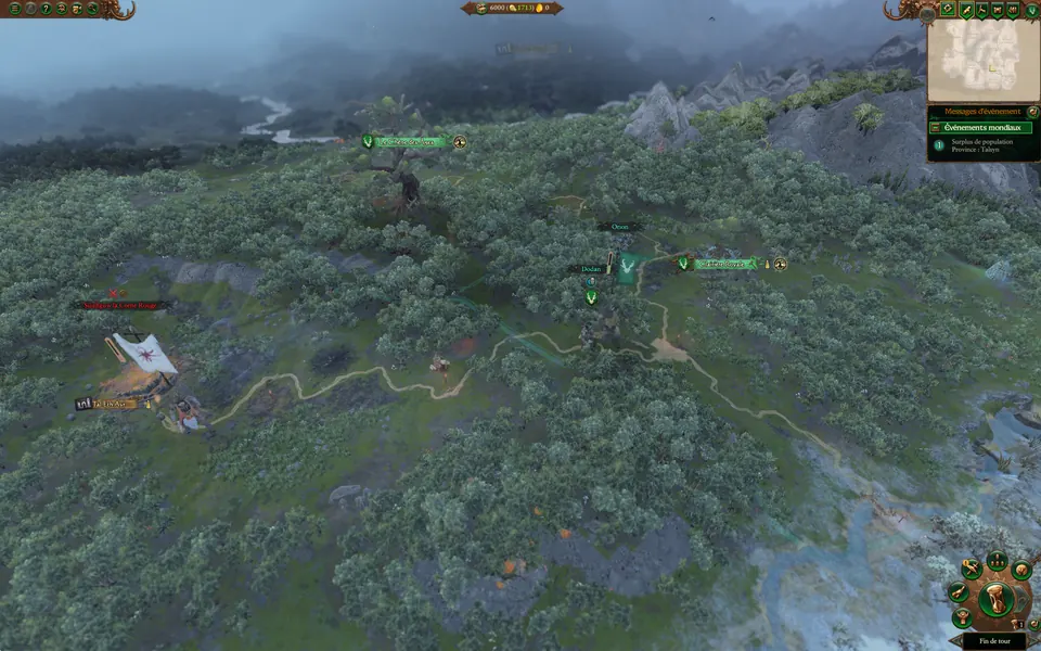 La carte de campagne en jeu : les forêts d'Athel Loren, leurs routes et, au fond, des montagnes
