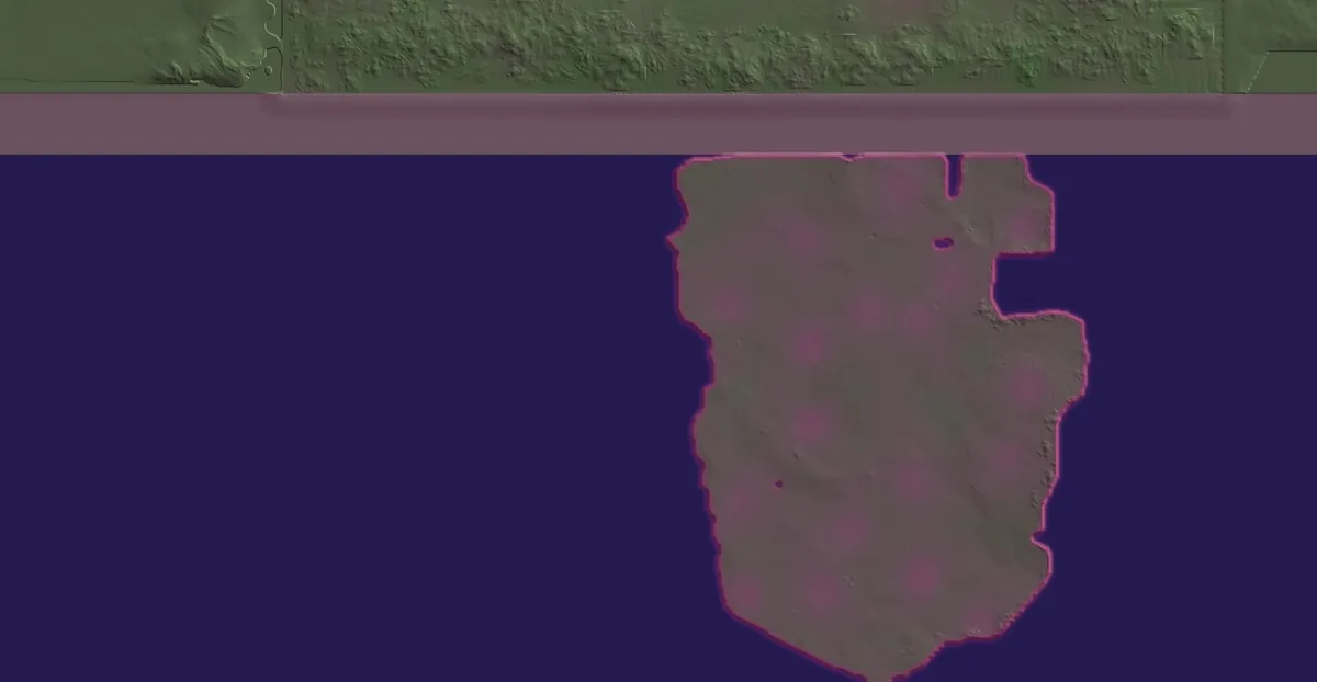 The south of the terrain project: at the top, the Season's southern edge; a lilac band, the veil; below, the reflection of Athel Loren, grey-green tinted pink and edged in magenta, on a dark violet sea.