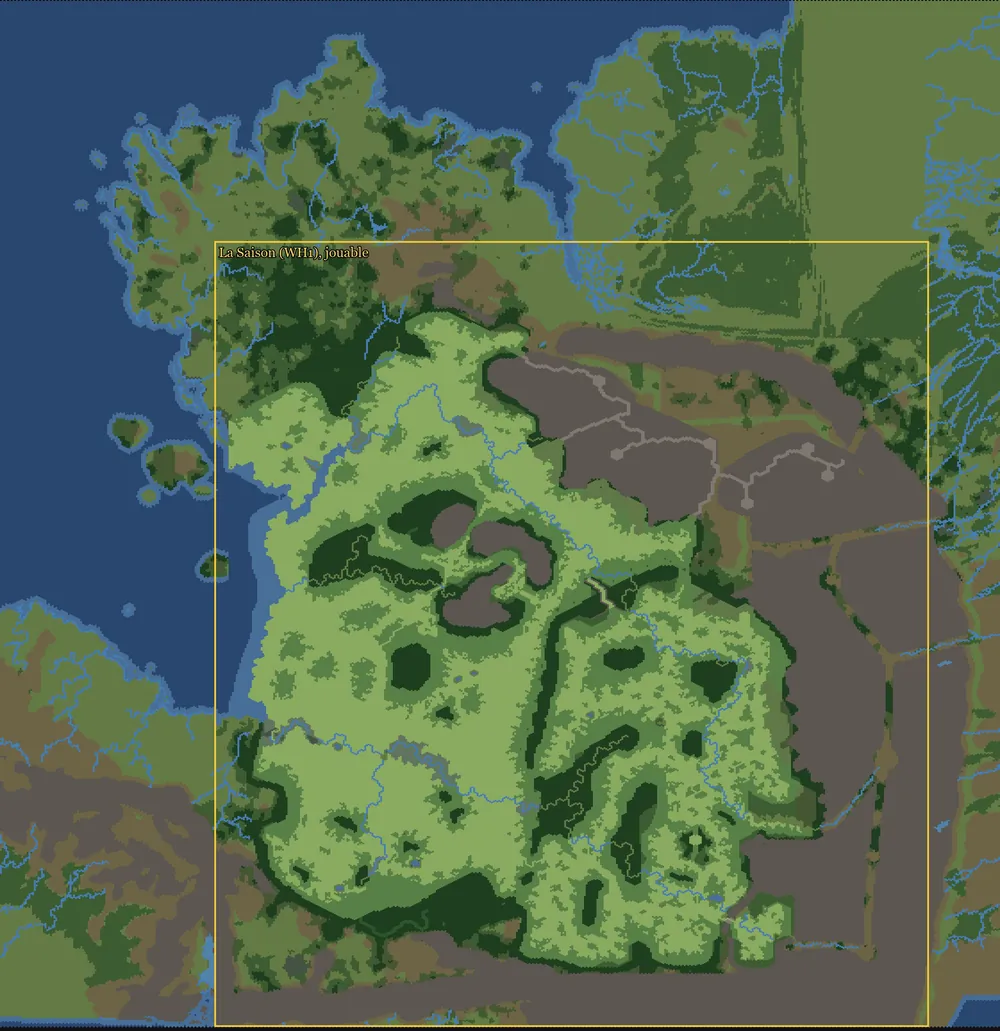 The Season Expanded grid rendered from its CAIME layers: the playable Season in light green in the middle, the off-limits land darkened around it, the sea in blue.