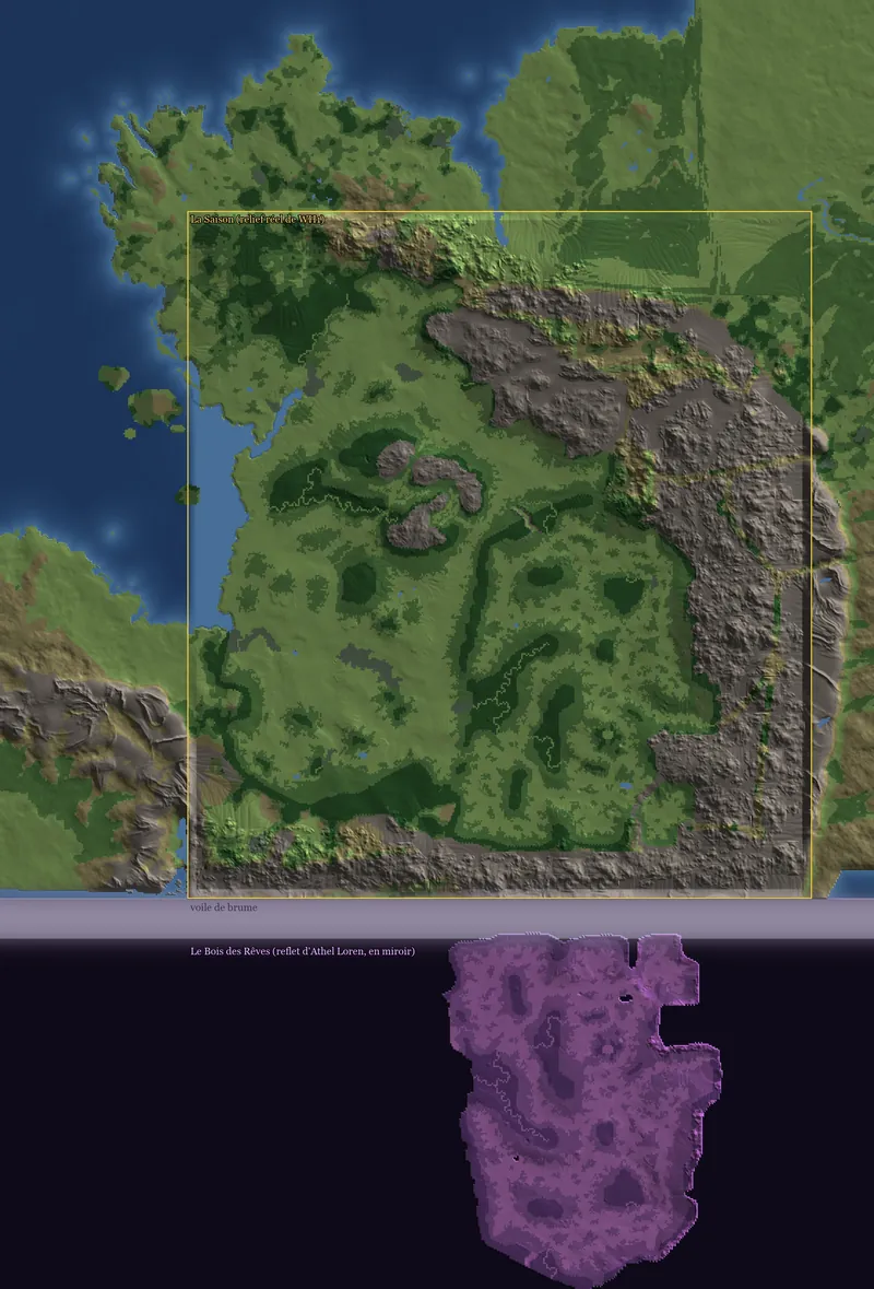 The whole world as data: shaded relief in ground colours, the Season's yellow frame, the veil's mauve band and the violet reflection of Athel Loren on a dark ground.