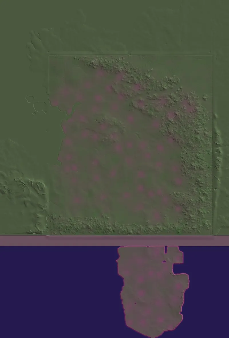 Expanded's terrain project in working colours: green shaded relief, the Season's frame, pink patches of corruption, then the veil and the reflection on a dark violet sea.