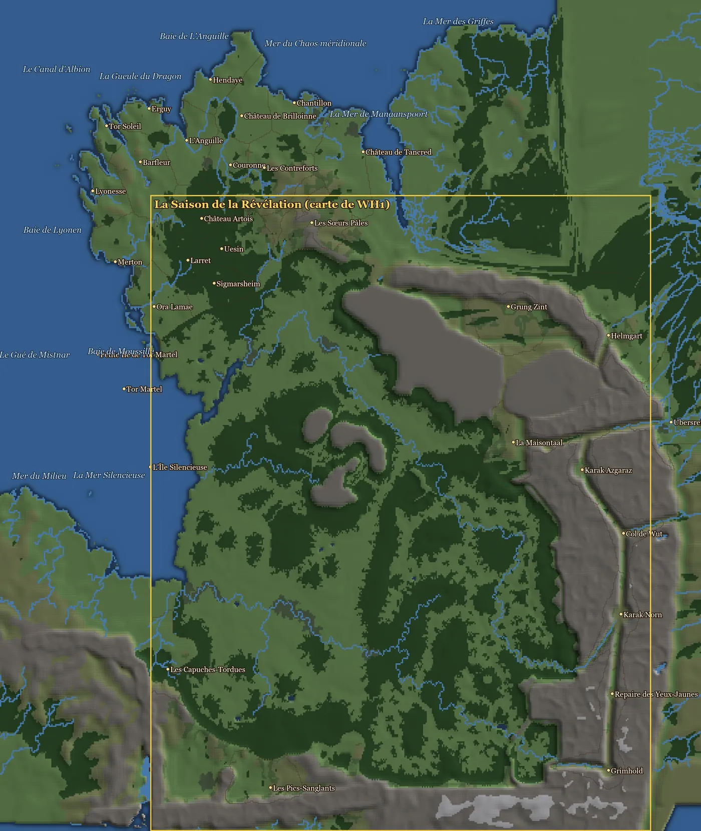The expansion's new regions, named, and its seas, in italics, around the yellow frame of the Warhammer I map.