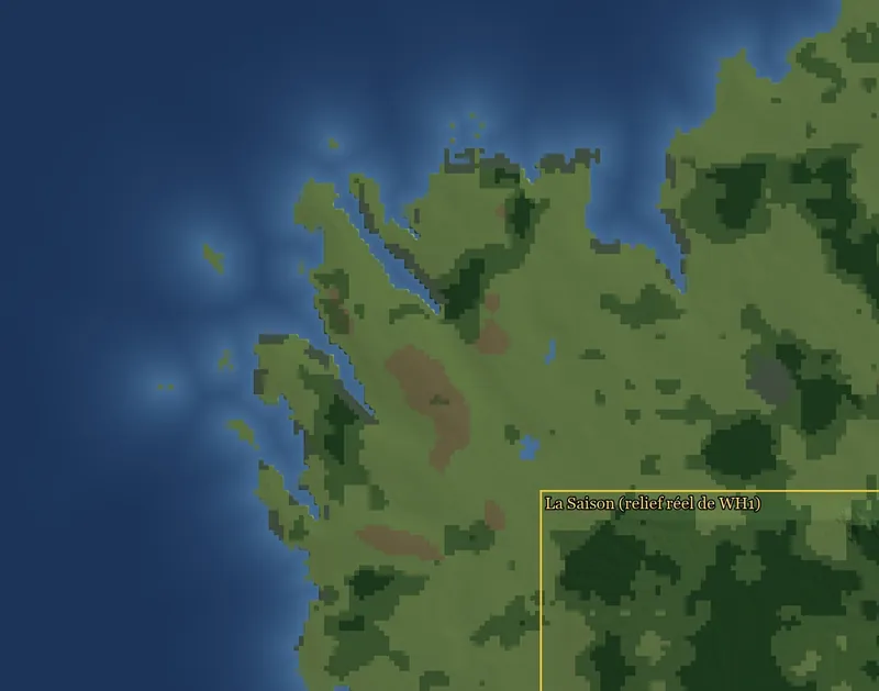 The coast of Lyonesse seen in the working data: sea, green and brown land, and at the bottom right the yellow frame of the Warhammer I map.