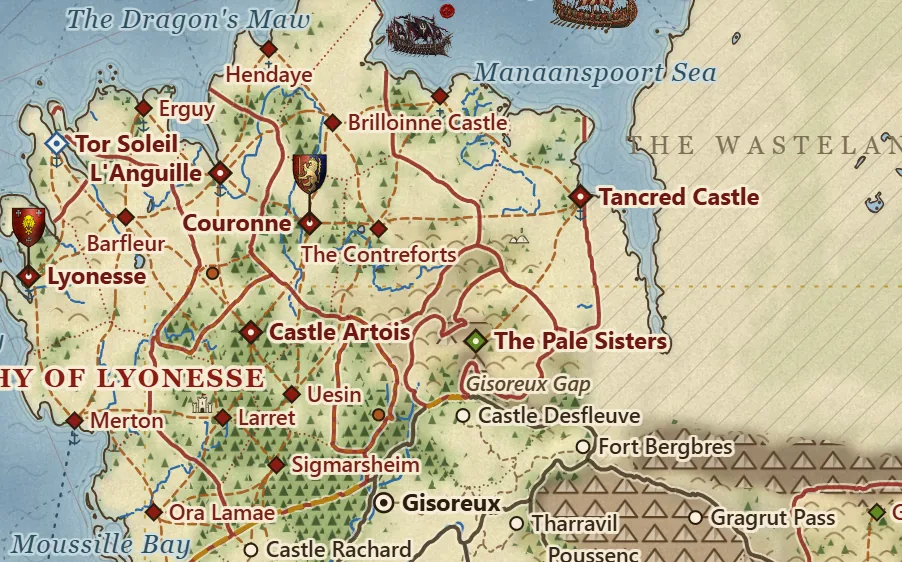 Detail of the expansion map: Bretonnia's northern dukedoms, from Lyonesse to the Marches of Couronne, with their towns, roads and forests.