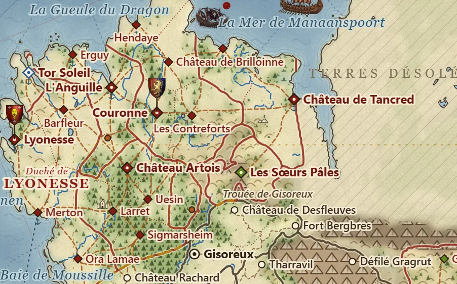 Extrait de la carte de l'extension : les duchés du nord de la Bretonnie, de Lyonesse aux Marches de la Couronne, avec leurs villes, leurs routes et leurs forêts.