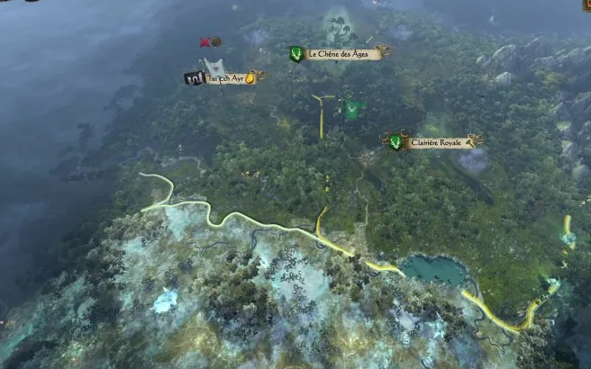 Warhammer I : la forêt d'Athel Loren vue de haut, avec les noms du Chêne des Âges, de Tal Eth Ayr et de la Clairière Royale, et au premier plan la clairière d'hiver enneigée