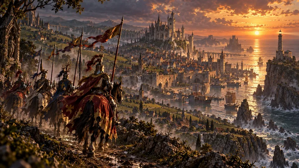Peinture en couleurs : des chevaliers bretonniens à cheval, bannières au vent, descendent vers une grande cité côtière au soleil couchant, avec un phare sur une falaise.
