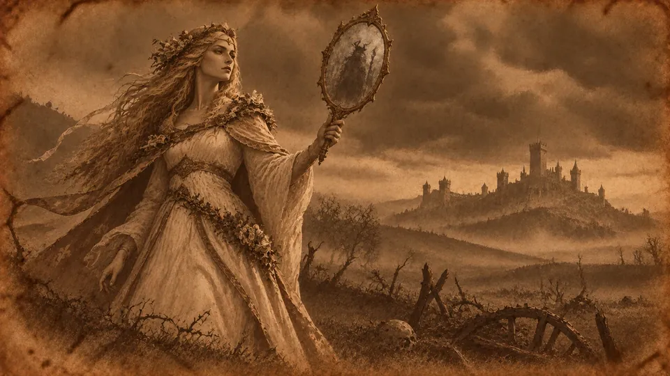 Lavis sépia : la Fée Enchanteresse, couronne de fleurs, lève un miroir terni où se devine une silhouette cornue ; derrière elle, un château sur une colline et un champ flétri.