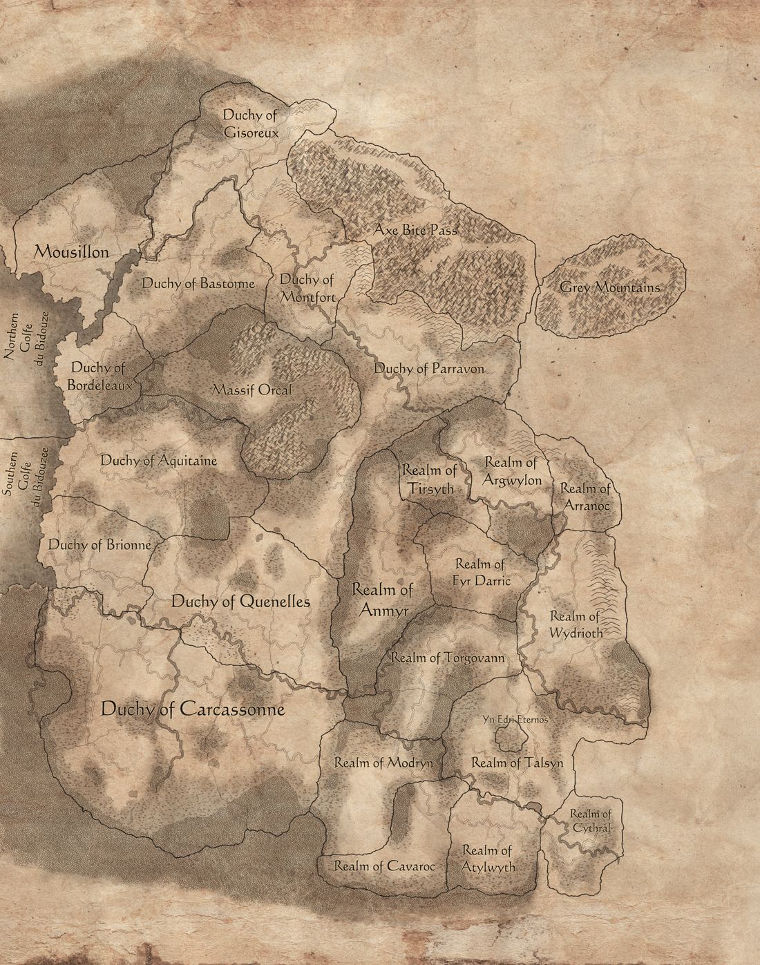 Parchment strategic map of The Season of Revelation campaign, in game: the dukedoms of Bretonnia and the realms of Athel Loren