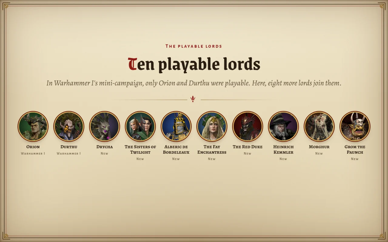 The ten playable lords, on the parchment of the showcase video